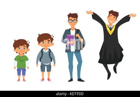 Vector cartoon style character kindergarten, school boy, student, graduate man, isolated on white background Stock Vector