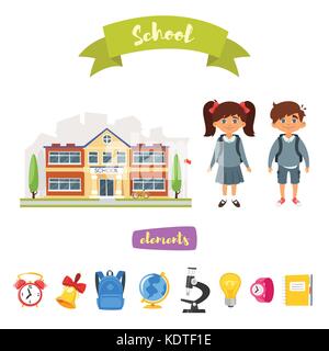 Vector cartoon style set of school icon, building and characters cute boy an girl isolated on white background Stock Vector