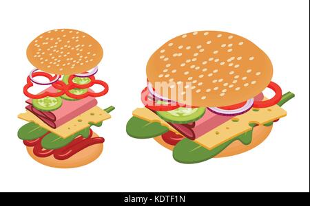 Vector isometric burger. Tasty snack. Stock Vector