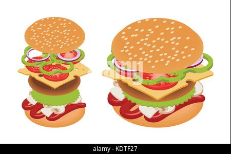 Vector isometric burger. Tasty snack. Stock Vector