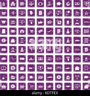 100 payment icons set grunge purple Stock Vector