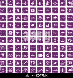 100 plane icons set grunge purple Stock Vector