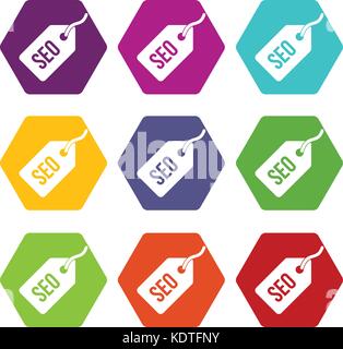 Seo tag icon set color hexahedron Stock Vector