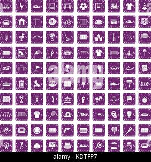 100 playground icons set grunge purple Stock Vector