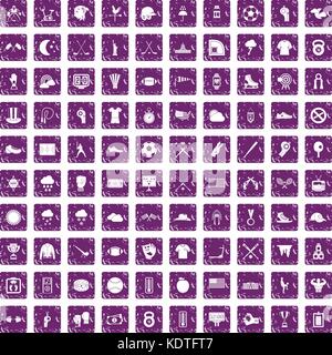 100 baseball icons set grunge purple Stock Vector