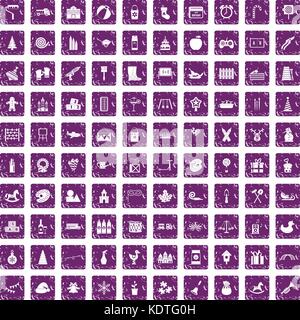 100 preschool education icons set grunge purple Stock Vector