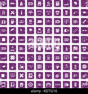 100 printer icons set grunge purple Stock Vector