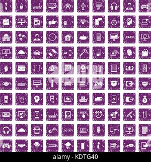 100 programmer icons set grunge purple Stock Vector