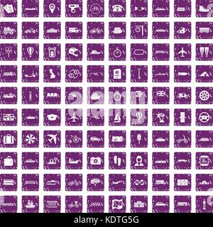 100 public transport icons set grunge purple Stock Vector