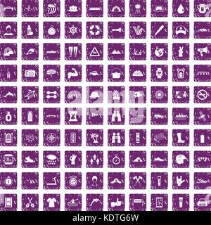 100 rafting icons set grunge purple Stock Vector