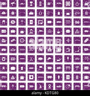 100 railway icons set grunge purple Stock Vector