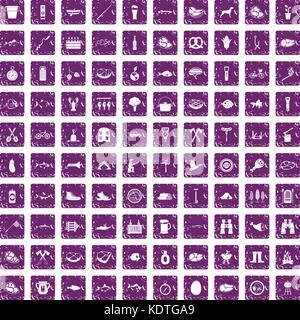 100 BBQ icons set grunge purple Stock Vector