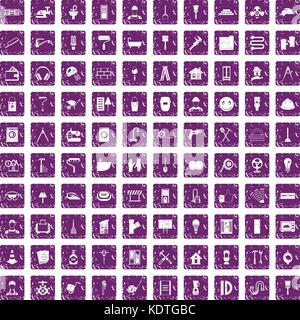 100 renovation icons set grunge purple Stock Vector