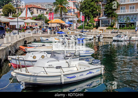 Marina with boats beside the seaside promenade, Saranda, Sarande, Vlore County, Albania. Stock Photo