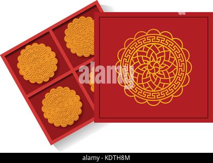 Chinese moon cake in opened gift box, top view, vector design Stock Vector