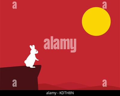 White rabbit on cliff with red background for moon cake festival Stock Vector