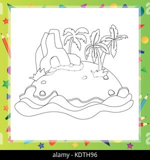 Outlined Cartoon Island With Palm Tree and rock Stock Vector