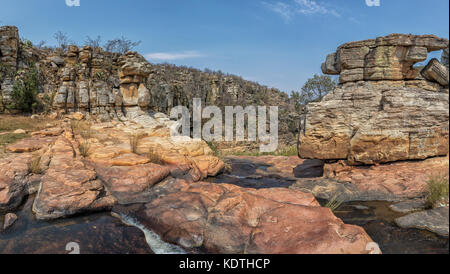 Waterfalls with rocks in the canyon of Leba. Angola. Lubango. Stock Photo