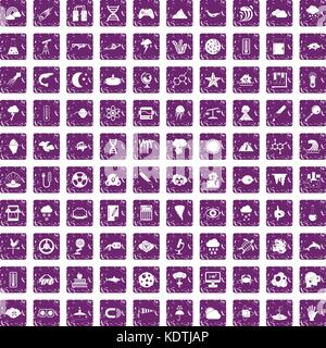 100 research icons set grunge purple Stock Vector