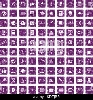 100 researcher science icons set grunge purple Stock Vector