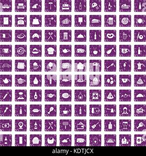 100 restaurant icons set grunge purple Stock Vector