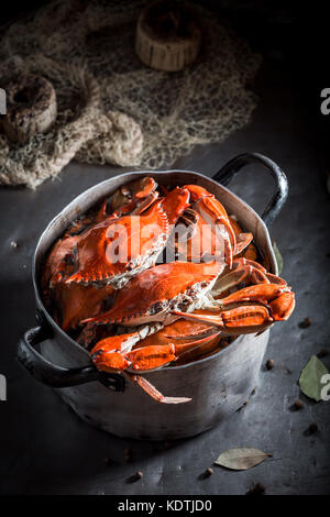 Ingredients for fresh crab in a old metal pot Stock Photo