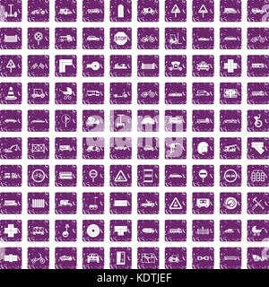 100 road icons set grunge purple Stock Vector