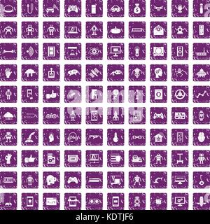 100 robot icons set grunge purple Stock Vector