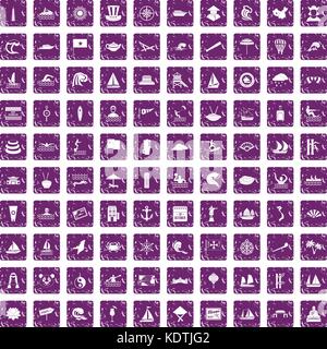 100 sailing vessel icons set grunge purple Stock Vector
