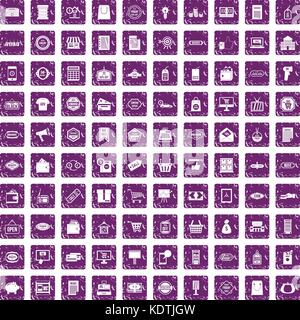 100 sale icons set grunge purple Stock Vector
