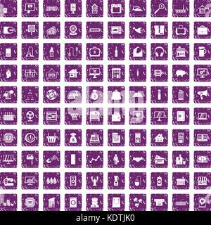 100 sales icons set grunge purple Stock Vector