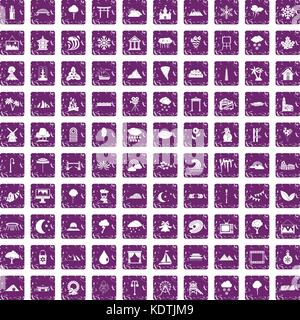 100 scenery icons set grunge purple Stock Vector