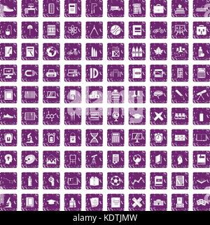100 school icons set grunge purple Stock Vector
