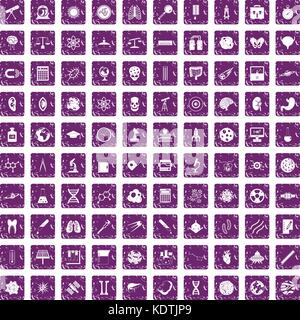 100 science icons set grunge purple Stock Vector