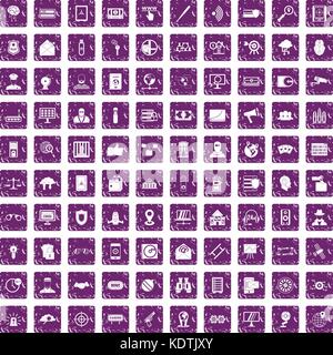 100 security icons set grunge purple Stock Vector