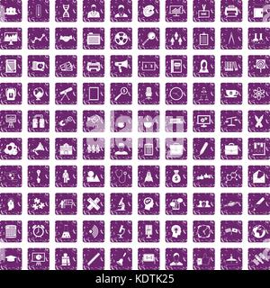 100 seminar icons set grunge purple Stock Vector