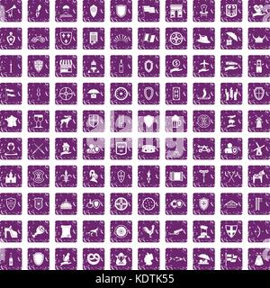 100 shield icons set grunge purple Stock Vector