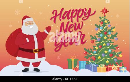 Santa with Christmas tree and presents - modern cartoon characters illustration Stock Vector