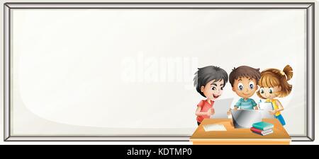 Border template with kids doing homework illustration Stock Vector