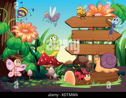 Wooden signs and insects in garden illustration Stock Vector
