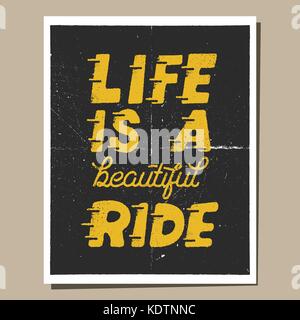 Life is a beautiful ride. Inspiring creative motivation quote brochure. Typography monochrome poster design concept with classic old car and sunbursts. Stock vector print flyer illustration Stock Vector