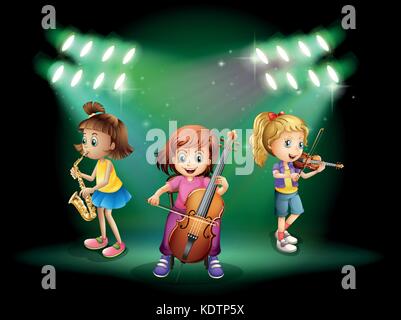 Three girls playing musical instruments on stage illustration Stock Vector