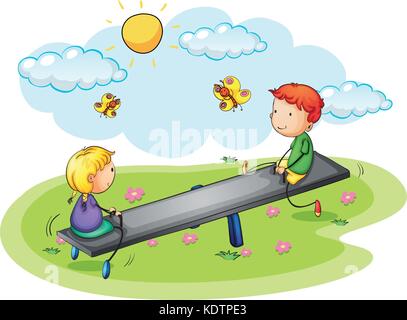 Two kids playing on seesaw in the park illustration Stock Vector