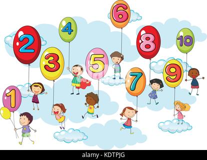 Counting numbers with kids on balloons illustration Stock Vector