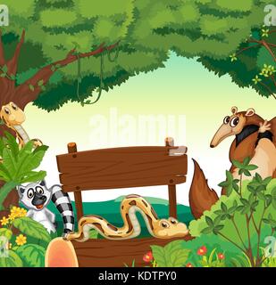 Sign template with many animals in jungle illustration Stock Vector