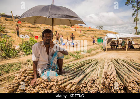 Abdul Kadir sits on the bamboo which he sells to the Rohingya refugees in Cox's Bazar, Bangladesh, 6 October 2017. Photo: Stefanie Glinski/dpa Stock Photo