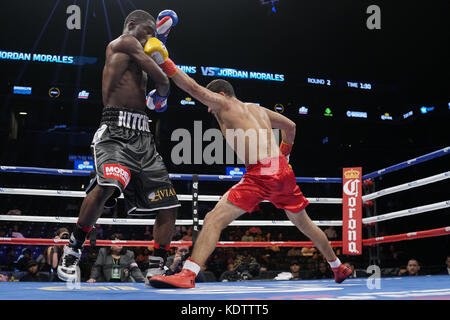 Brooklyn, New York, USA. 14th Oct, 2017. RICHARDSON HITCHINS (black trunks) and JORDAN MORALES battle in a welterweight bout at the Barclays Center in Brooklyn, New York. Credit: Joel Plummer/ZUMA Wire/Alamy Live News Stock Photo