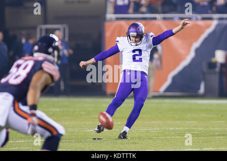 Chicago, Illinois, USA. 09th Oct, 2017. - Vikings #2 Kai Forbath kicks off during the NFL Game between the Minnesota Vikings and Chicago Bears at Soldier Field in Chicago, IL. Photographer: Mike Wulf Credit: csm/Alamy Live News Stock Photo