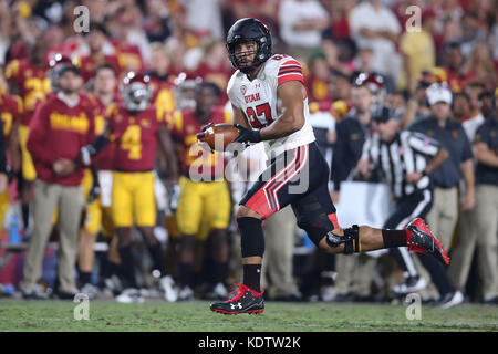 Los Angeles, CA, USA. 14th Oct, 2017. October 14, 2017: Utah Utes linebacker Christian Drews (37) runs after the catch for a huge gain on fourth and one late in the game between the Utah Utes and the USC Trojans, The Los Angeles Memorial Coliseum in Los Angeles, CA. Peter Joneleit/ Zuma Wire Service Credit: Peter Joneleit/ZUMA Wire/Alamy Live News