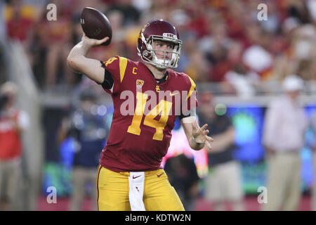 Los Angeles, CA, USA. 14th Oct, 2017. October 14, 2017USC Trojans quarterback Sam Darnold (14) makes a pass attempt for the Trojans in the game between the Utah Utes and the USC Trojans, The Los Angeles Memorial Coliseum in Los Angeles, CA. Peter Joneleit/ Zuma Wire Service Credit: Peter Joneleit/ZUMA Wire/Alamy Live News Stock Photo